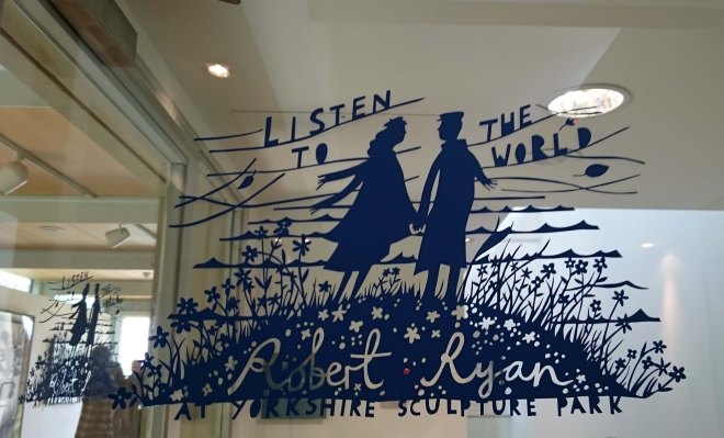 Cut-out by Robert Ryan on a glass door at the Yorkshire Sculpture Park