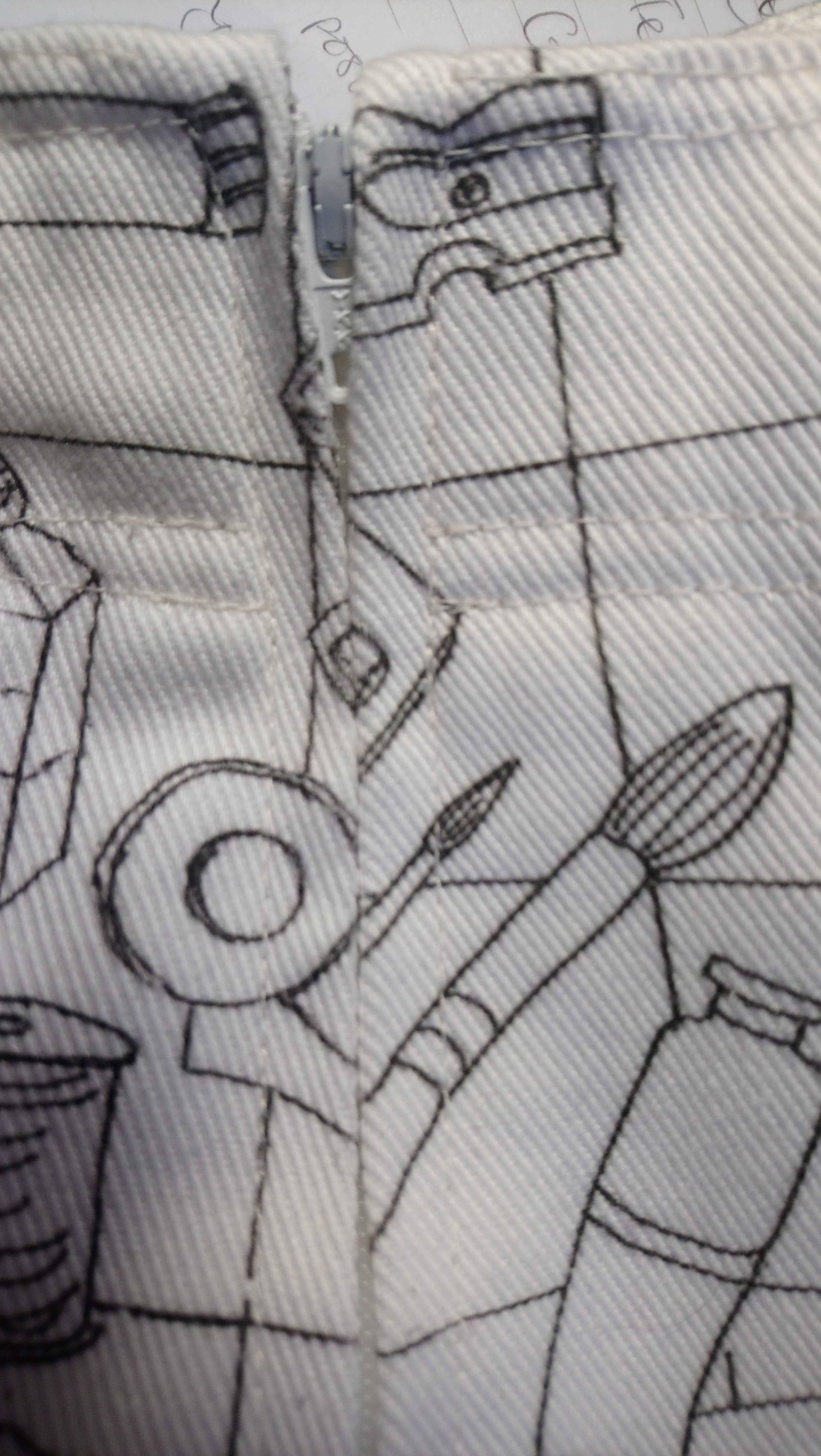 'The work of my hands' fabric, made into a skirt, showing side zip, photo by Amanda Jane Textiles