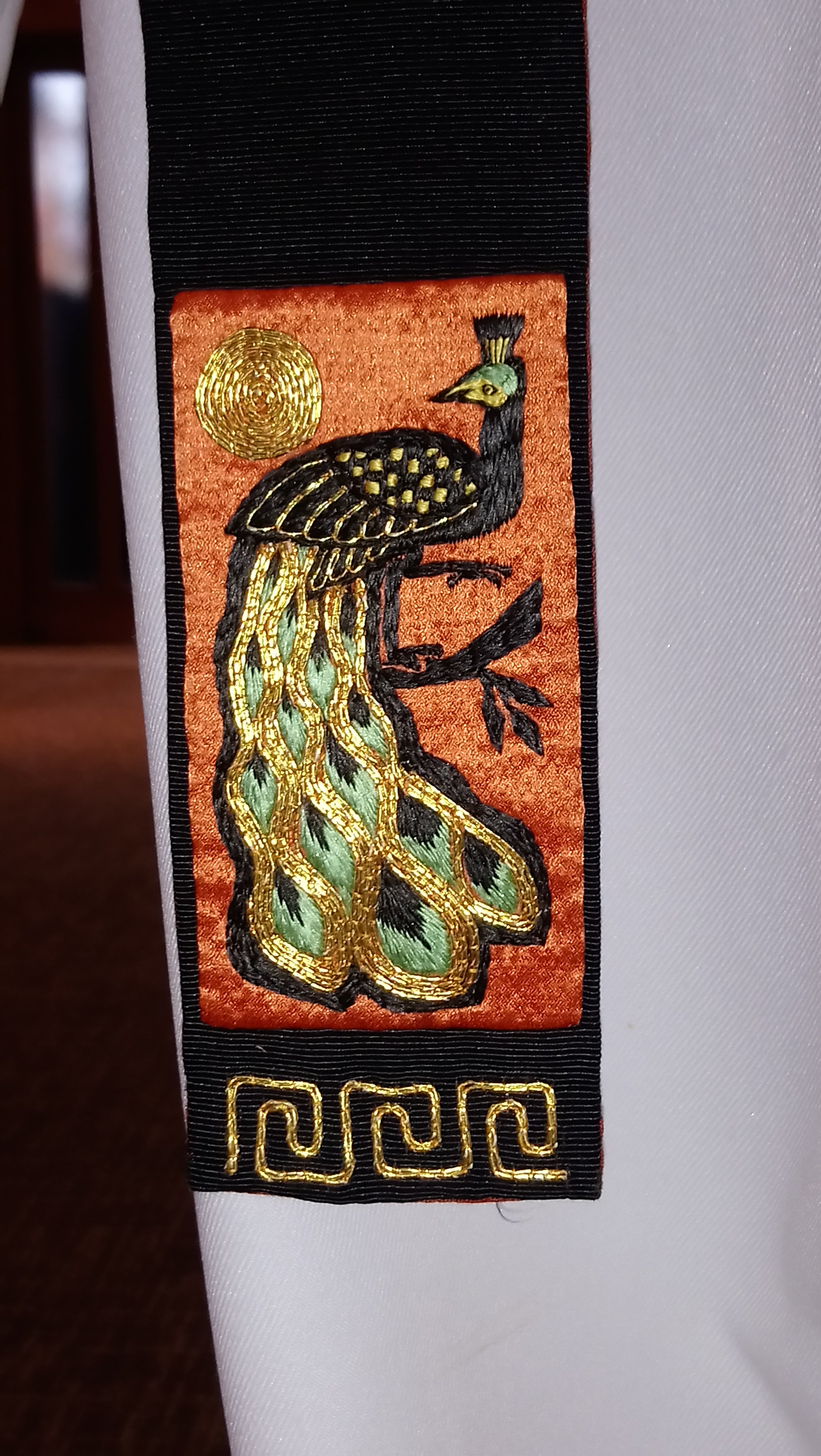 Peacock embroidery by Dame Werburg Welch, in the 'Hand in Hand' exhibition at Ushaw