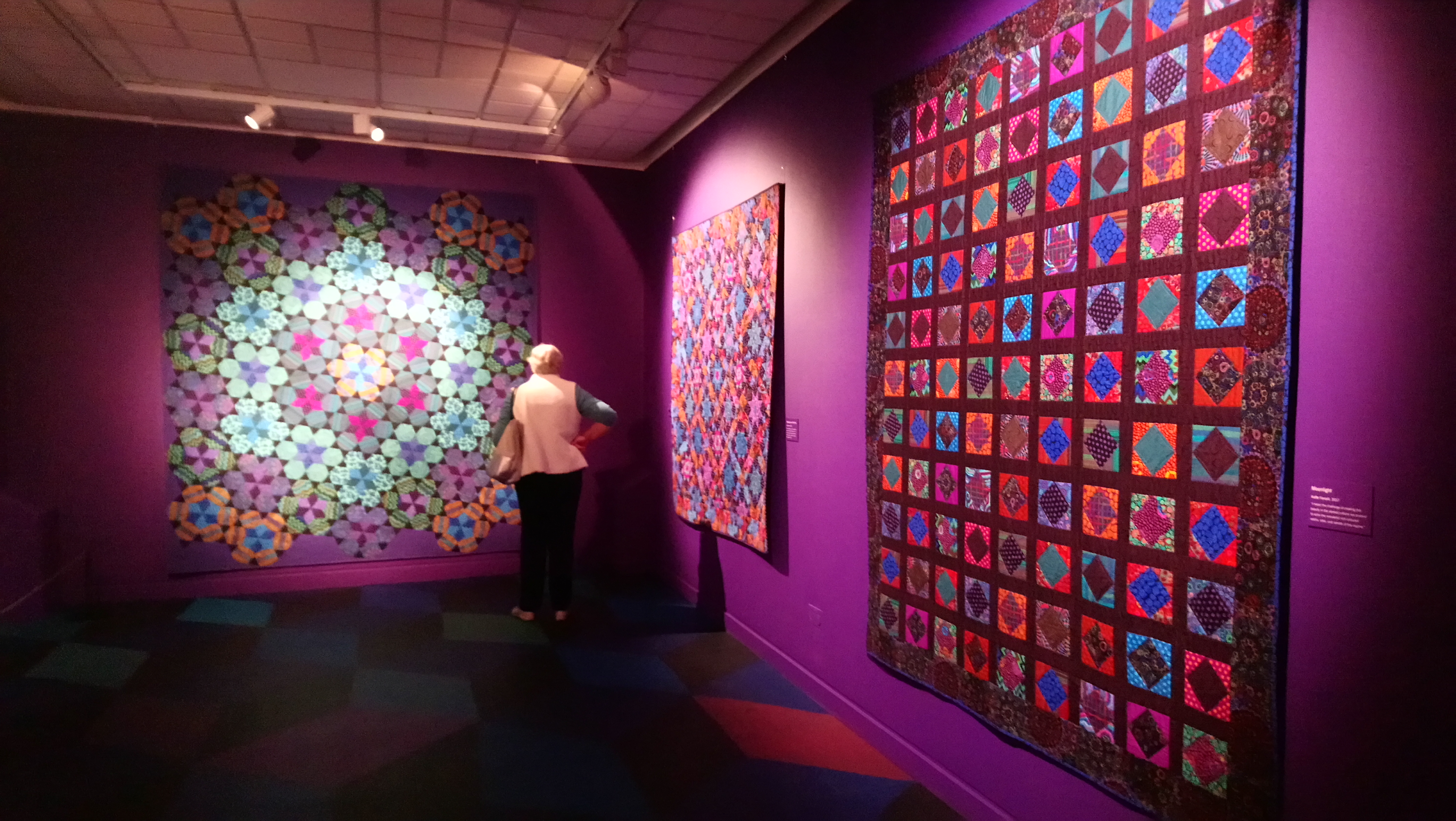 Quilts on display at Kaffe Fassett's Quilts in America at the American Museum, Bath