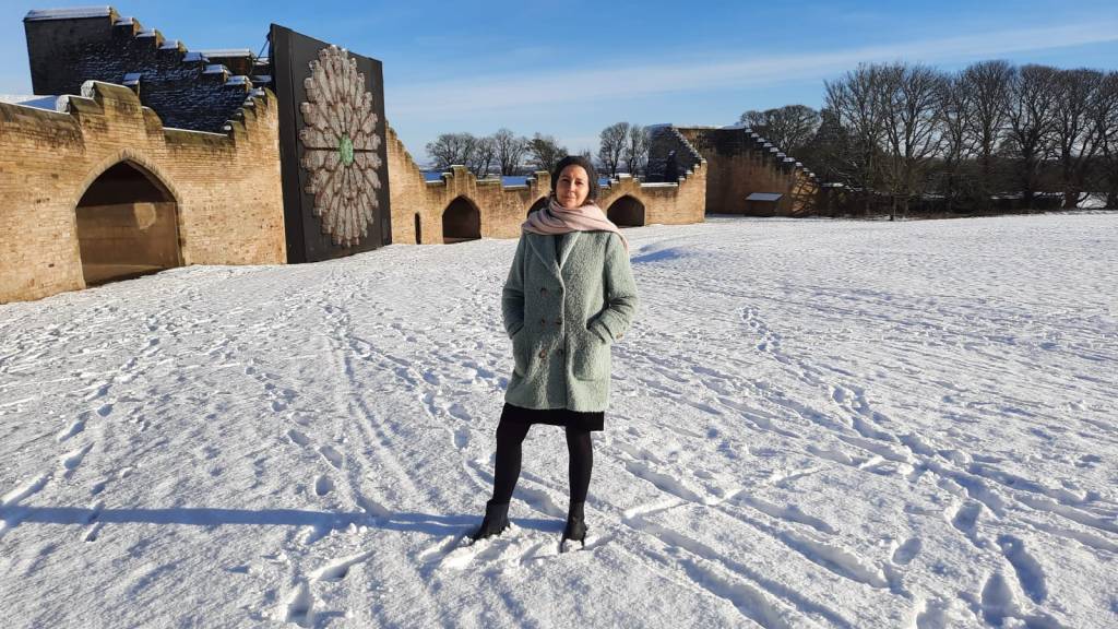 Amanda Jane Ogden walking in the snow at Ushaw