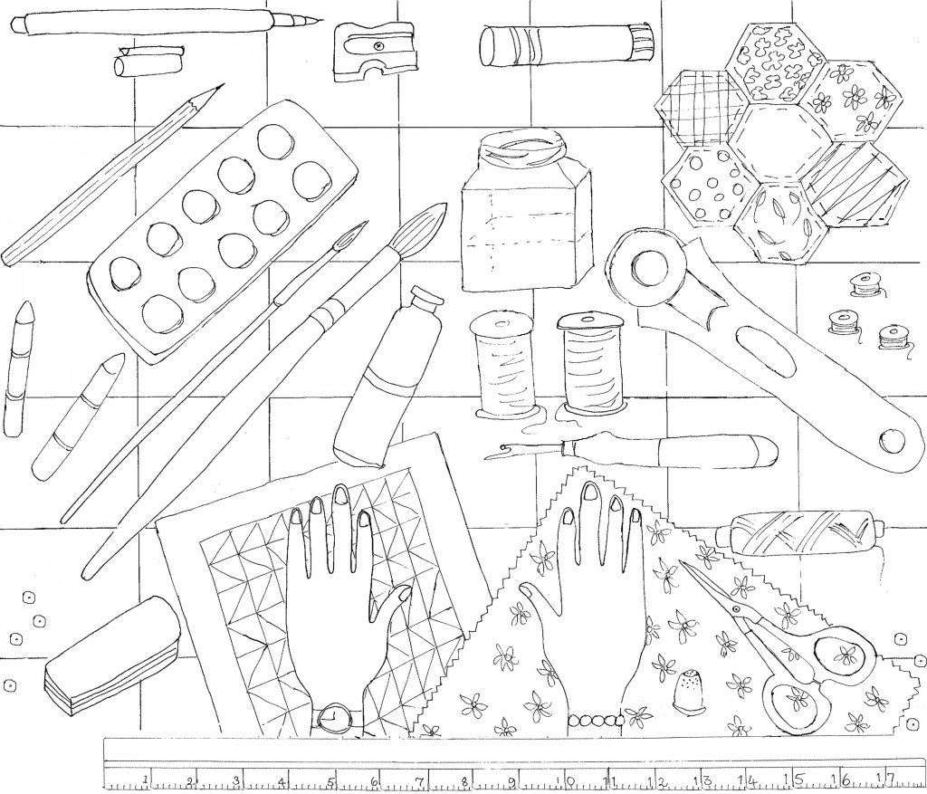 white fabric printed with images of hands on a table full of creative activities including sewing, patchwork, drawing and painting; the design is called 'The work of my hands' by Amanda Jane Ogden