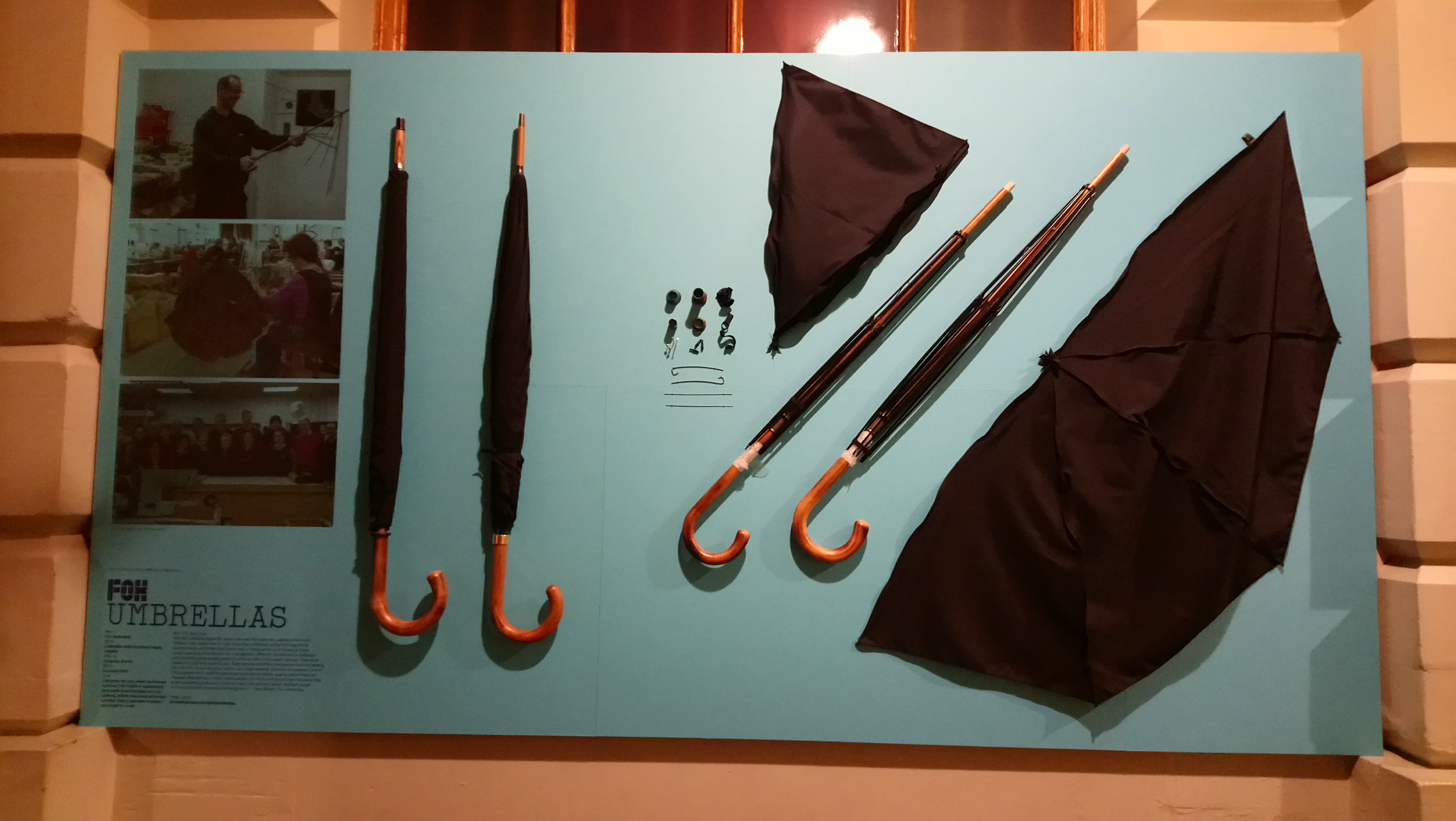 Display board by Fox Umbrellas, showing how an umbrella is made