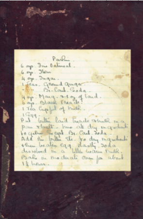 A tea towel design featuring a 1940s recipe for Parkin (ginger cake) by Amanda Jane Textiles, the recipe is a facsimile of a handwritten recipe on cream paper with a wide dark purple border