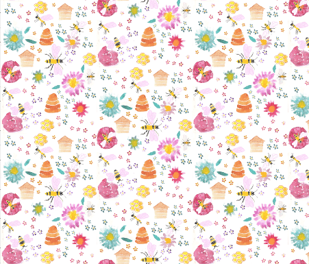 fabric design by Amanda Jane Textiles, featuring bees, bumble-bees, hives and summer flowers