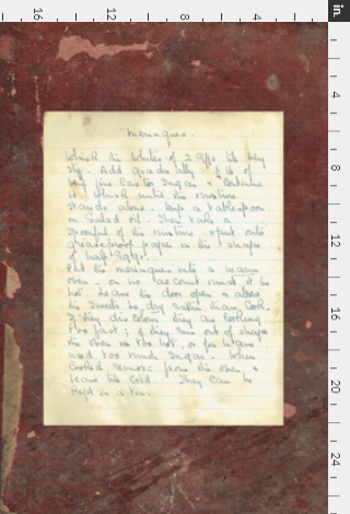 A tea towel design featuring a 1940s recipe for Meringues, by by Amanda Jane Textiles, the recipe is a facsimile of a handwritten recipe on cream paper with a wide dark red border