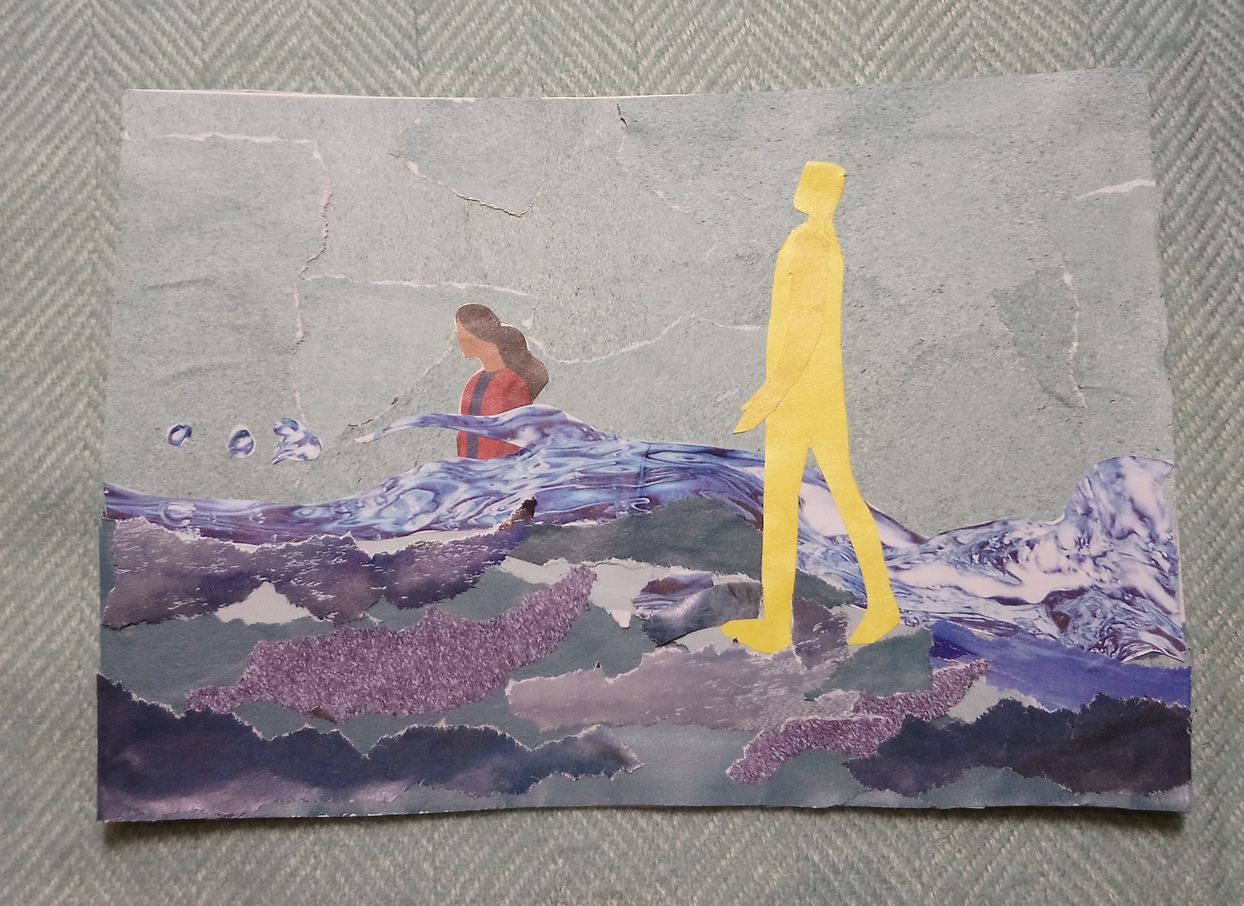 Paper collage by Amanda Jane Ogden - woman walking through deep water, with a heavenly companion walking on the water
