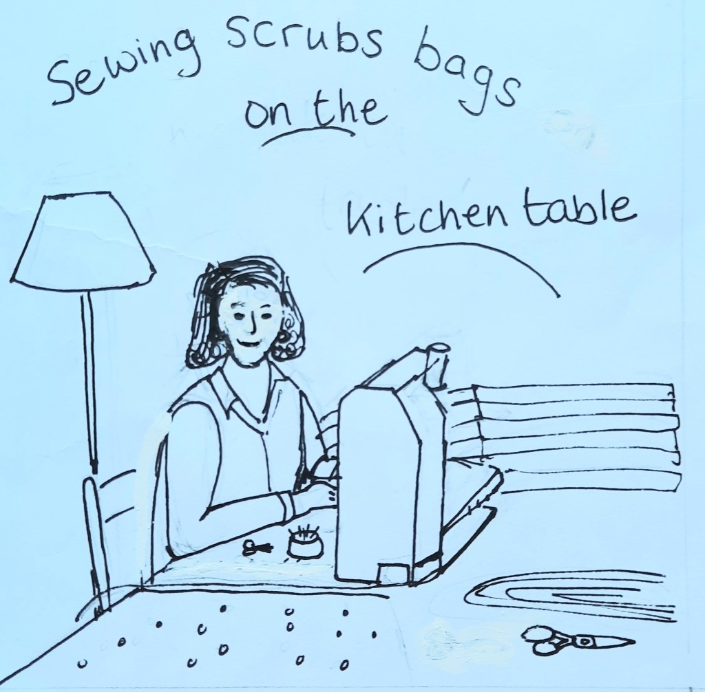 sketch of sewing scrubs bags on the kitchen table