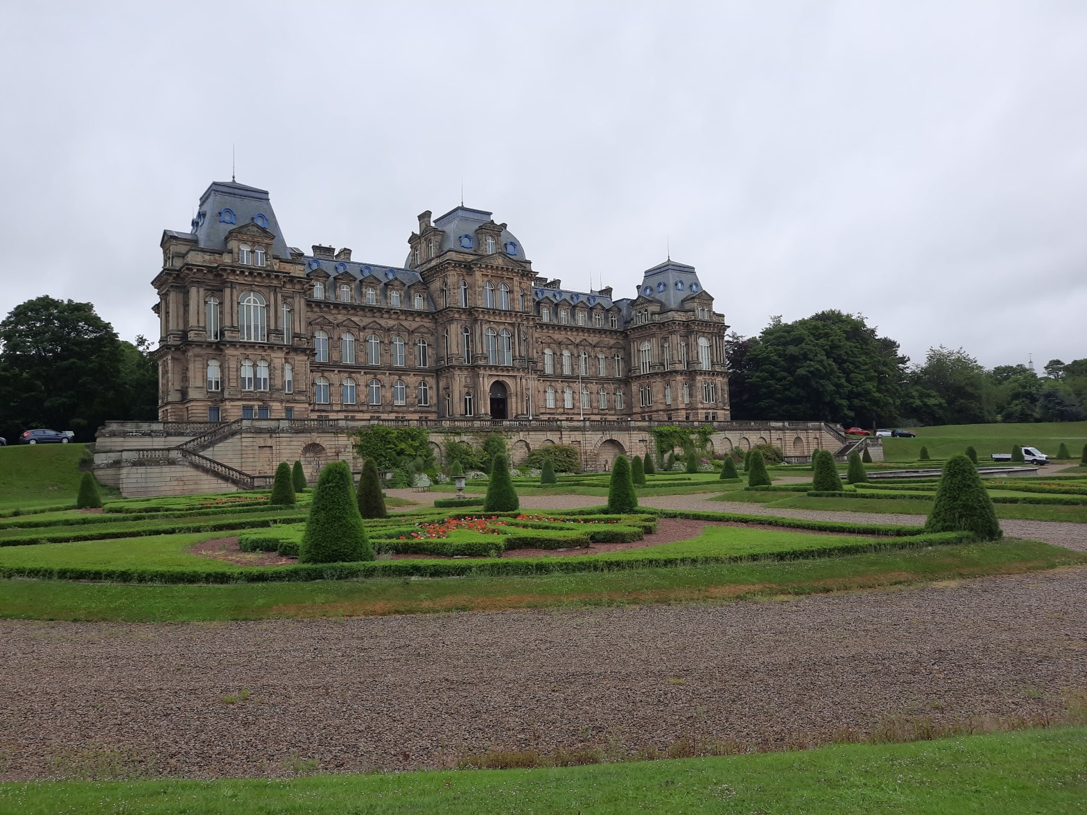 The Bowes Museum in Barnard Castle, seen from the bottom of the drive, showing the formal gardens in front