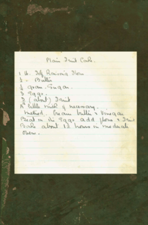 A tea towel design featuring a 1940s recipe for Fruit Cake, by by Amanda Jane Textiles