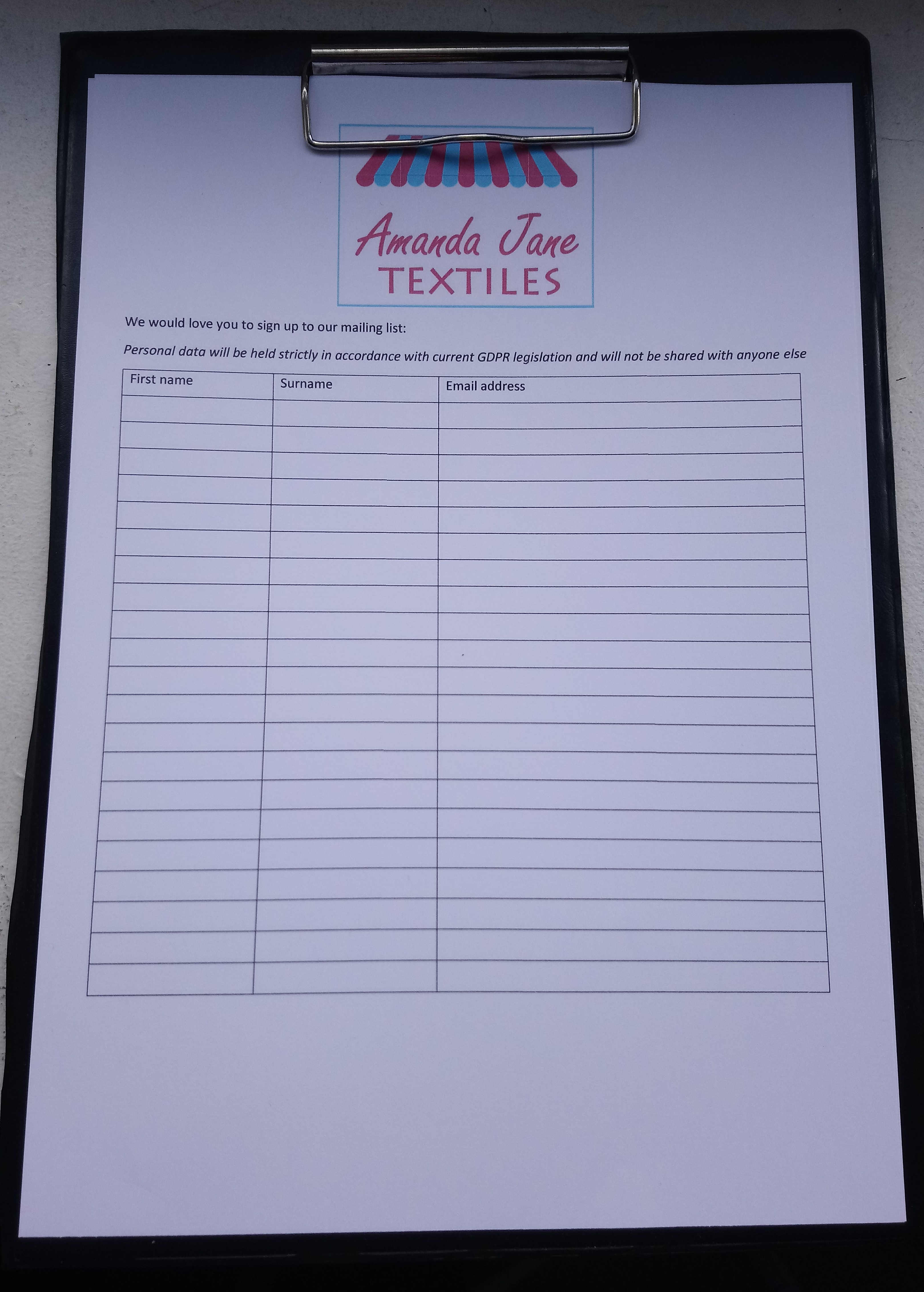 Newsletter sign-up sheet for Amanda Jane Textiles