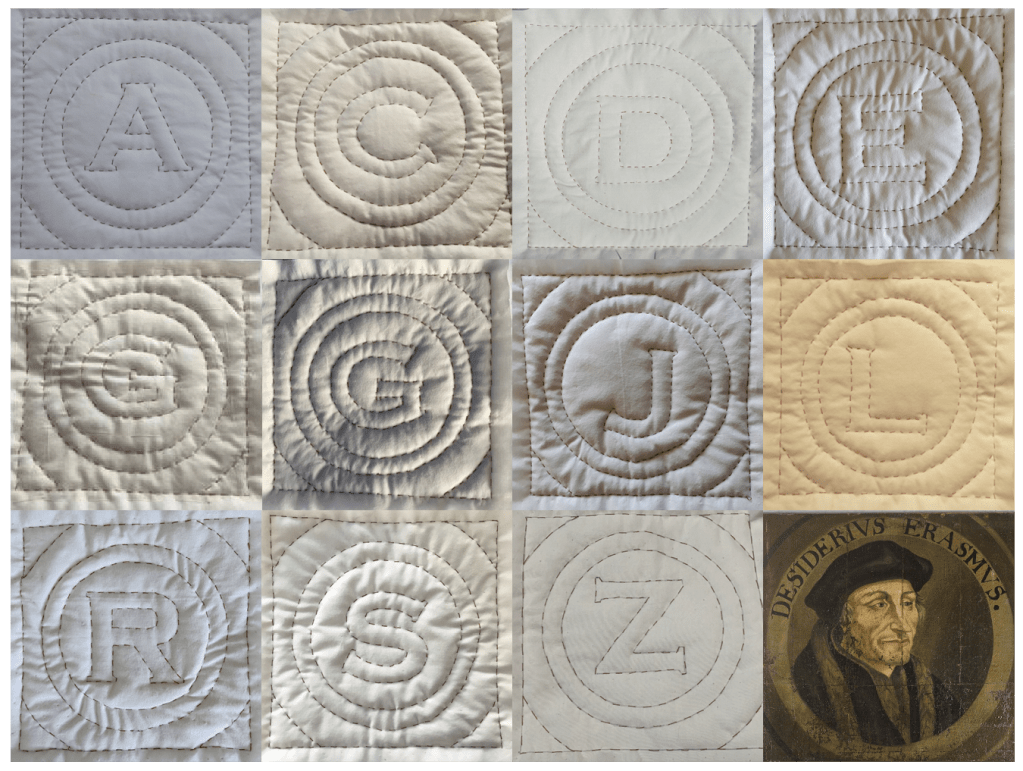 a series of hand-quilted blocks made by participants in a workshop commissioned by Cosin's Library Durham, all use red thread on a cream background and depict a letter of the alphabet in a round frame
