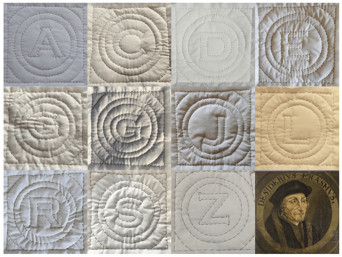 a series of hand-quilted blocks made by participants in a workshop commissioned by Cosin's Library Durham, all use red thread on a cream background and depict a letter of the alphabet in a round frame