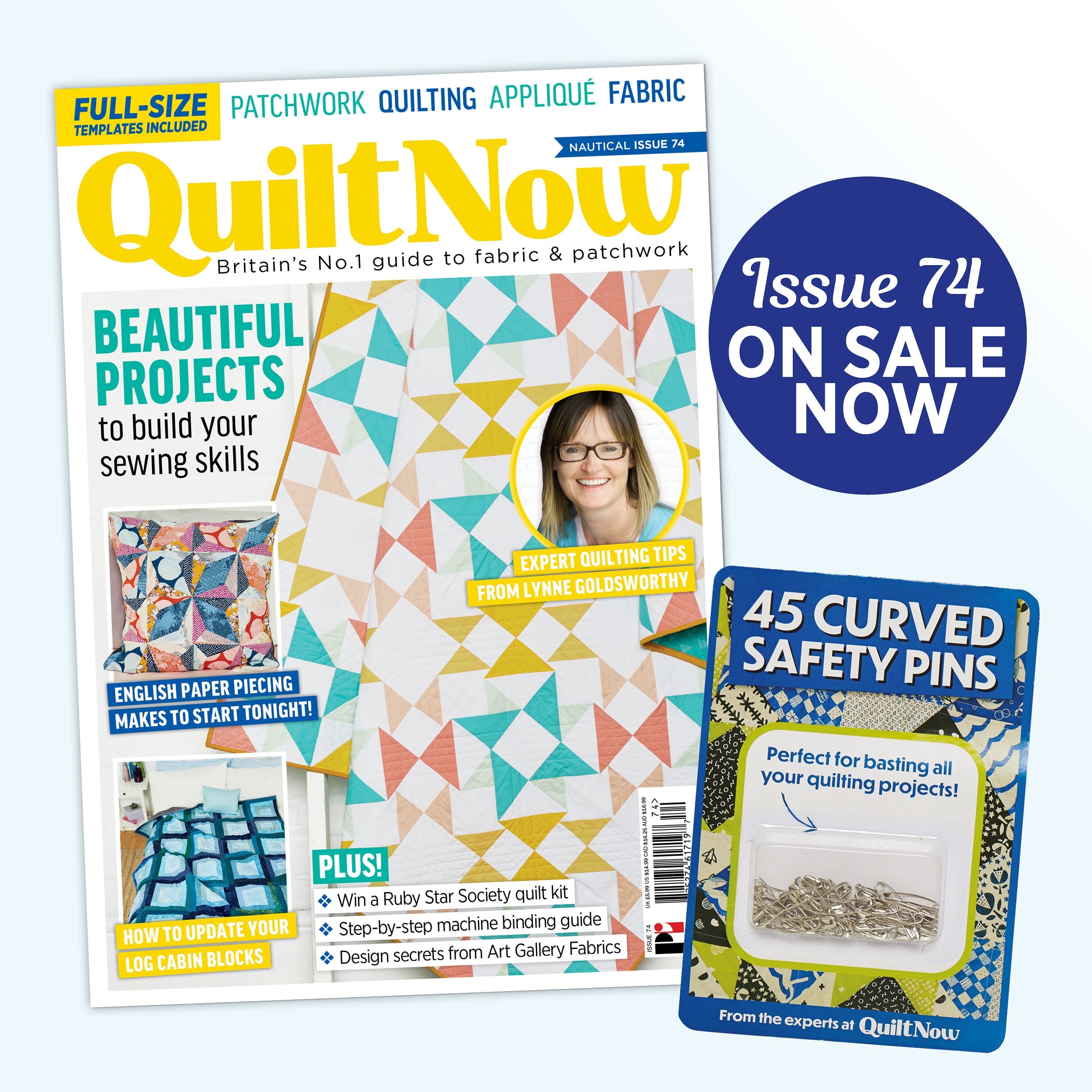 Magazine cover of Quilt Now issue 74 showing Amanda Jane Ogden's quilt in the bottom left hand
