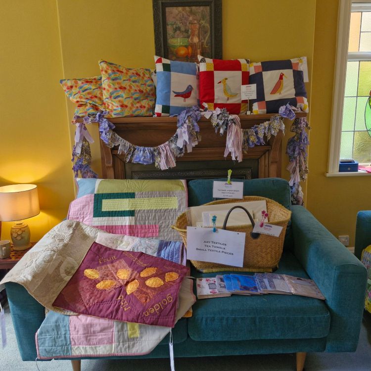 cushion covers, cards and small textiles on show  at the Green Walk Open Houses Arts & Crafts Event 2025, Manchester